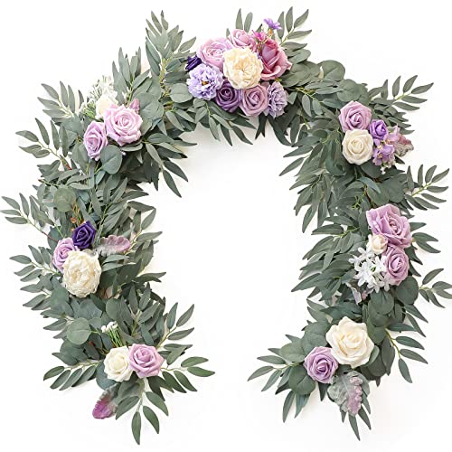 Floroom 6ft Artificial Eucalyptus Garland with Flowers Fake Greenery Faux Floral Vine Garland for Table Decor Wedding Centerpieces Bridal Shower Party Decorations, Lilac & Lavender