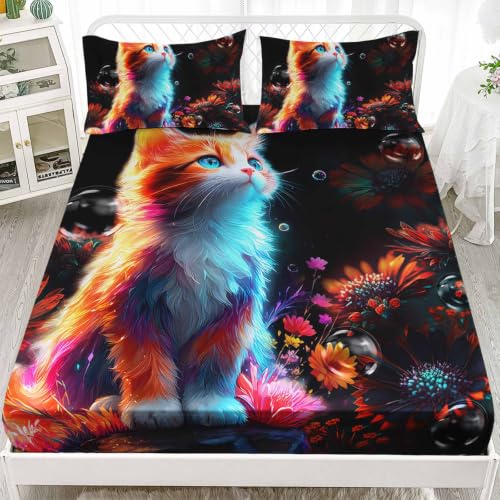 XYNHML Cartoon Kawaii Cat Fitted Sheet Set 3Pcs 3D Animals Flower Toddler Quilt Bed Sheets Queen Cat Lovers Animal Bubble Design Bedding Set for Boys Teens Adult Includes 1 Fitted Sheet,2 Pillowcases