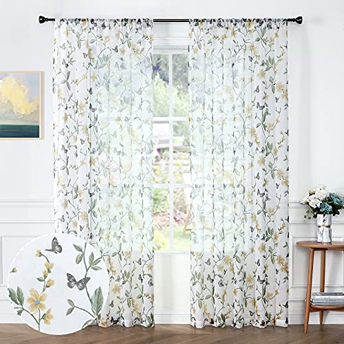 Tollpiz Sheer Floral Curtains Yellow Flower Butterfly Printed Living Room Curtain Rod Pocket Voile Faux Linen Window Curtains for Bedroom, 54 x 72 inches Long, Set of 2 Panels