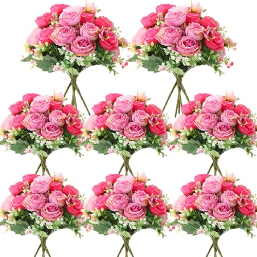 Geosar 8 Bundles Artificial Peonies Silk Flowers Fake Peony Bouquet Faux Peonies Flowers Bulk for Decoration Vase Florals Arrangements Wedding Home Party Table (Purple,Rose Pink)