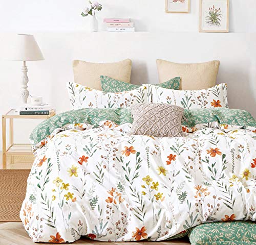 SLEEPBELLA Duvet Cover Set 600 Thread Count Cotton Bedding Set (Twin, White&Green Floral)
