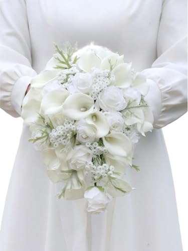 Gkvszy 10.2 Inch Cascading Bride Bouquet for Wedding Cascade Artificial White Rose and Calla Lily Flower Waterfall Bridal Wedding Bouquet Rustic Bridal Shower