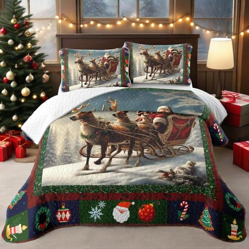3 pc Merry Christmas Sled Santa Claus Quilt Set King Size Quilt Sets Lightweight Bedspread Coverlet Bedding Set for All Season (Navy Blue, King 104x90 inches)