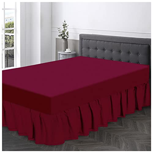 GC GAVENO CAVAILIA Polycotton Frilled Valance Base Sheet Single Size, Corner Elasticated Bed Wrap, Fit Under Mattress Bed Sheet, Wine