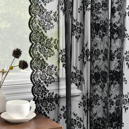 Kotile Black Lace Curtains 72 Inches Long 2 Panels, Country Rustic Floral Goth Sheer Curtains for Bedroom, Rod Pocket Vintage Privacy Sheer Lace Curtains, 42 x 72 Inch Each, 1 Pair, Black