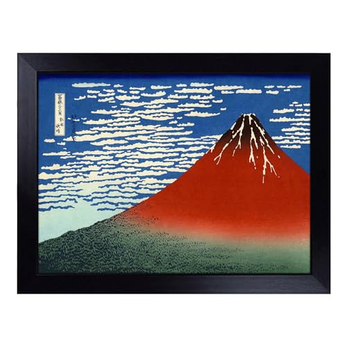 Lap Tray with Bean Bag Cushion, Hokusai Japanese Oriental Red Mount Fuji - Handmade in the UK, Raised Wooden Edge, Padded Cushion, Heat-Resistant Wipe-Clean Surface, for Meals, Laptops and Crafts