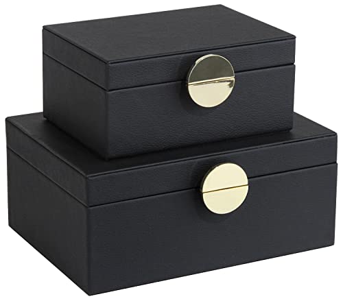 HofferRuffer Faux Leather Jewelry Boxes, Decorative Boxes Storage Accessory Organizer with Gold Hardware Decor, Classic Black Vegan Leather Set of 2 Pieces