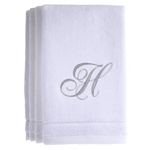 Monogrammed Towels Fingertip, Personalized Gift, 11 x 18 Inches - Set of 4- Silver Embroidered Towel - Extra Absorbent 100% Cotton- Soft Velour Finish - For Bathroom/Kitchen/Spa- Initial H (White)
