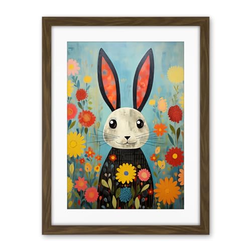 Artery8 Funny Bunny Illustration Modern Floral Rabbit Animal Artwork for Kids Bedroom or Baby Nursery Artwork Framed Wall Art Print 18X24 Inch