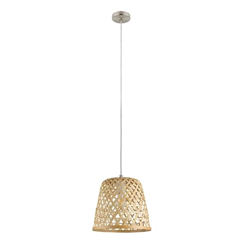 Eglo Pendant lamp Kirkcolm, Hanging lamp Vintage, Nature, Boho, Hygge, Made of Steel, Wood Basket Woven in Natural Colours, Dining Table lamp, Living Room lamp with E27 Socket