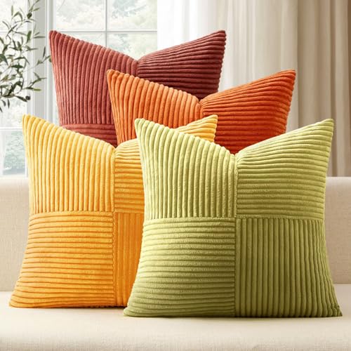 ANRODUO Pack of 4 Decorative Couch Throw Pillow Covers 20x20 Inch Yellow Orange Boho Cozy Soft Corduroy Cushion Covers Farmhouse Accent Pillowcases for Mid Century Modern Home Decor Sofa Living Room
