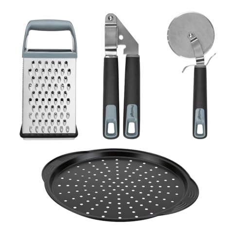 "Prestige Pizza Making Utensil Set of 4 ??? 12"" Aerolift Pizza Crisper, Cutting Wheel, Garlic Press & Box Grater ??? Non-Stick, Dishwasher Safe, Perfect for Homemade Creations"