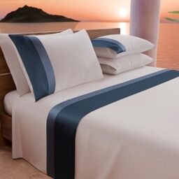 PETTI Artigiani Italiani - Double Bed Sheet Set with Double Satin Frill, 4 Pieces, 180 x 200 cm, Cotton Percale Sheets - Fitted Sheet, Top Sheet and 2 Pillowcases, Blue