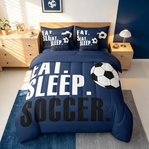 Feelyou Soccer Ball Comforter Set with Sheets Twin Size Deep Blue Football 7 Pieces Bedding Set for Kids Boys Girls Teens Sports Ball Game Bed in a Bag Gift for Football Lover Bed Set