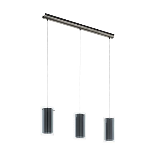 Eglo Pendant Lighting Pinto Textil, Ceiling Light Fitting with 3 Shades, Hanging lamp for Dining Room Made of Satin Nickel Metal, Clear Glass and Grey Fabric, E27 Socket, 32.3“