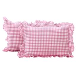 K MASANIJI Washed Cotton Check Ruffle Cushion Covers King Size Set of 2, Farmhouse Style Cushion Covers for Bed/Couch (20x36, Pink/White Plaid)