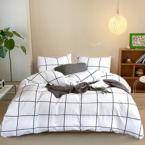 CLOTHKNOW White Plaid Queen Comforter Set Checkered Bedding Comforter Sets - 3-Piece Black Big Grid Bedding, Soft, All Season, Lightweight, Blanket Quilt with 2 x Pillow Cases