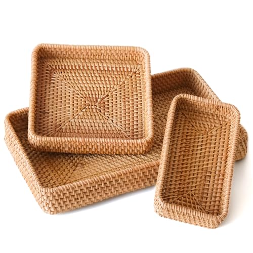 S310 Rattan Serving Tray, Set of 3 Rectangular Woven Tray, Natural Wicker Decorative Serving Baskets for Organizing Tabletop Bathroom Kitchen Counter (Natural)