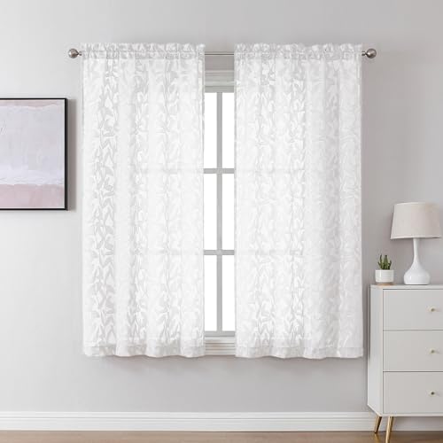 "Lecloud Leia White Sheer Curtains 45 Inch Length 2 Panels, Elegant Balance Light & Privacy Jacquard Textured Leaf Voile Curtains, Dual Rod Pockets Drapes for Bedroom Living Room, 30"" W x 45"" L"