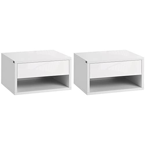 HOMCOM Floating Bedside Tables Set of 2, Wall Mounted Nightstand with Drawer and Open Shelf for Bedroom, High Gloss White