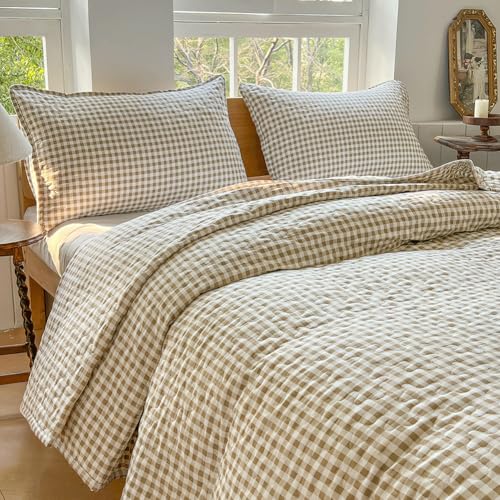 NSNLGSGC Tan Gingham King Summer Bedspread Quilt Set - Pre-washed Microfiber,Lightweight Checked Grid Bedding Coverlets for All Seasons