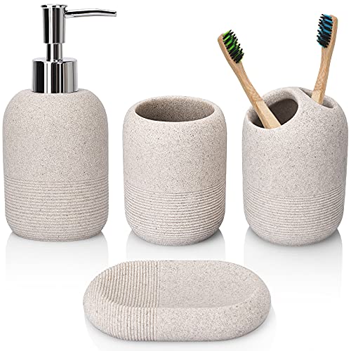 L'ARL GMVOI Bathroom Accessory Set,4 Piece Decor Accessories Sets Complete with Soap Dispenser,Toothbrush Holder,Bathroom Tumbler,Soap Dish for Vanity Countertop Accessories,Beige