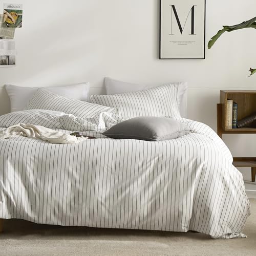 JELLYMONI 100% Cotton Vertical Stripe TwinXL Duvet Cover Set, Grey - Breathable and Soft, Classic Stripes, 8 Corner Ties & Double Hidden Zipper, For Kids & Dorm Rooms