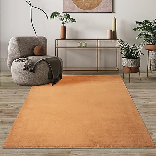 Mias Teppiche Comfort Modern Fluffy Short-Pile Carpet, Anti-Slip Backing, Washable up to 30 Degrees, Super Soft, Faux Fur Look, Terra, 60 x 110 cm