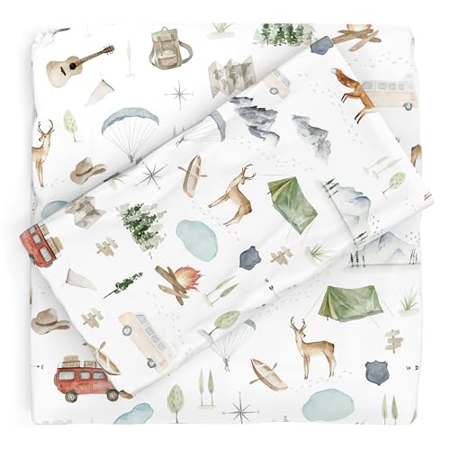 Pobibaby - Premium Twin Fitted Sheet, Flat Sheet with Pillow case - Ultra-Soft Cotton Blend, Stylish Woodland Pattern, Deep Pockets - Twins Sheets - 3 PC (Explore)