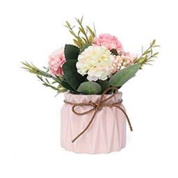 Hisow Fake Hydrangeas with Pot, Mini Hydrangea Artificial Flowers Artificial Plant in Ceramic Vase for Office Desktop Decorations (Pink) Small