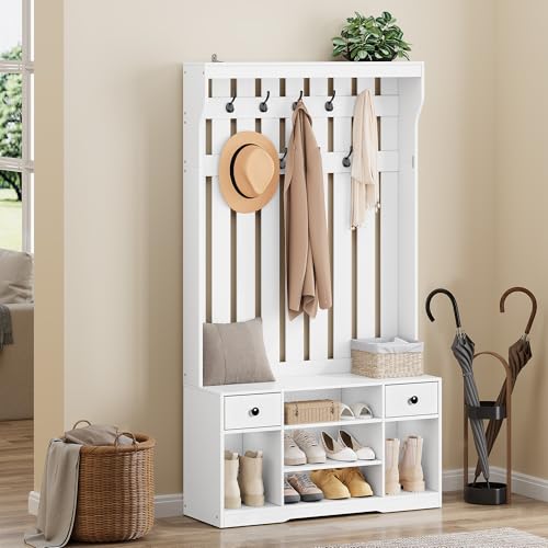 YITAHOME Coat Stand, Coat Rack with Shoe Bench, 100x35x180cm Narrow Hall Tree with 9 Hooks & 2 Removable Fabric Drawer, Hallway Storage Unit, Shoe and Coat Rack for Entryway, Living Room, White