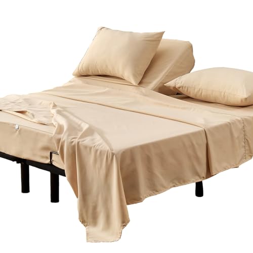 Kingnex Split Top King Sheets Sets for Adjustable Bed Soft Brushed Microfiber 4 Pieces Include 1 32-34 Split from Top Flex Head King Fitted Sheet 1 Flat Sheet 2 King Size Pillowcase Beige
