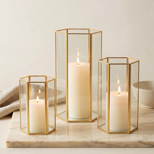 Glass Hurricane Candle Holder, Set of 3 Large Clear Hexagon Lanterns Pillar Candle Lantern with Gold Metal Frame Wedding Centerpiece Table Decor Home Decorations