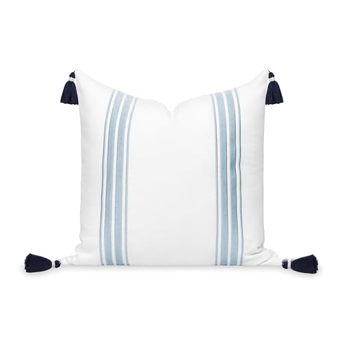 "Hofdeco Premium Coastal Patio Indoor Outdoor Throw Pillow Cover Only, 20""x20"" Water Repellent for Backyard, Couch, Baby Blue Embroidered Stripes with Tassels"