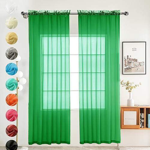youleyar Solid Sheer Rod Pocket Curtain Voile Draperies 2 Panels White Beige Black Grey Coffee 52 Inch Width 54 Inch Long 1 Pair for Kitchen Bedroom Children Living Room Yard (Green,52W???54L)