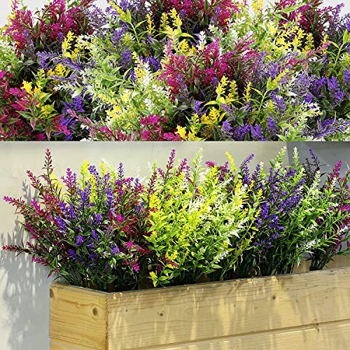 WILLBOND 12 Bundles Artificial Lavender UV Resistant Plants Outdoor Faux Flowers Shrubs for Floral Arrangement, Table Centerpiece, Home Garden Decor (Mixed Color)