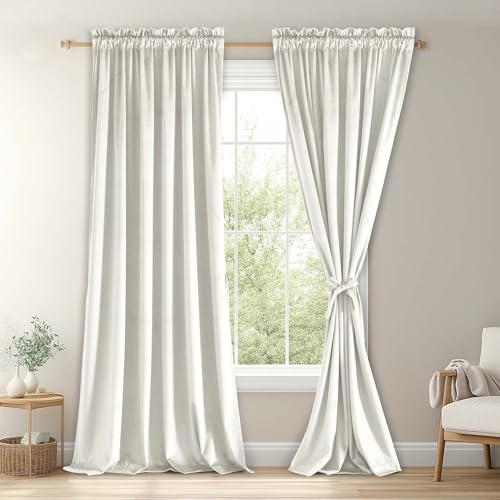 JIUZHEN Ivory Velvet Curtains 96 inches - Thermal Insulated Room Darkening Rod Pocket Thick Velvet Window Drapes for Bedroom/Dining Room, Set of 2 with Tiebacks, W52 x L96 inches