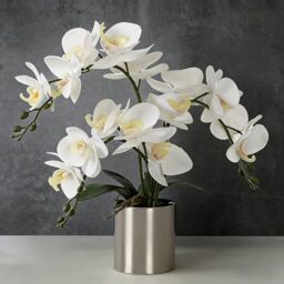 LESING Artificial Orchid Flower with Vase, White Orchid Bonsai Faux Orchid Phalaenopsis Plant Pot Arrangements for Home Decoration (White,Silver Vase)
