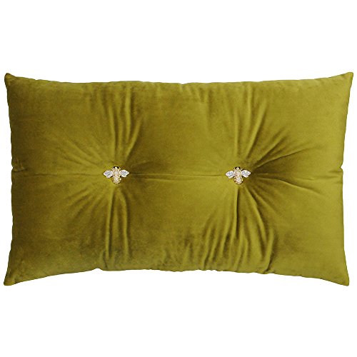 "Bumble Rectangular Bee Scatter Cushion - Olive Green - Faux Velvet Look and Feel - Jewelled Metal Bee Buttons - Polyfilled - 100% Polyester - 30 x 50cm (12"" x 20"" inches) - Made by Riva Paoletti"