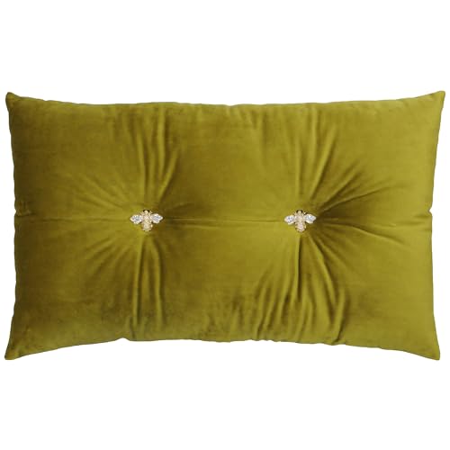 Paoletti Bumble Polyester Filled Cushion – Luxury Ruched Velvet Jewelled Bee Button Decorative Pillow (Olive – 30x50cm)
