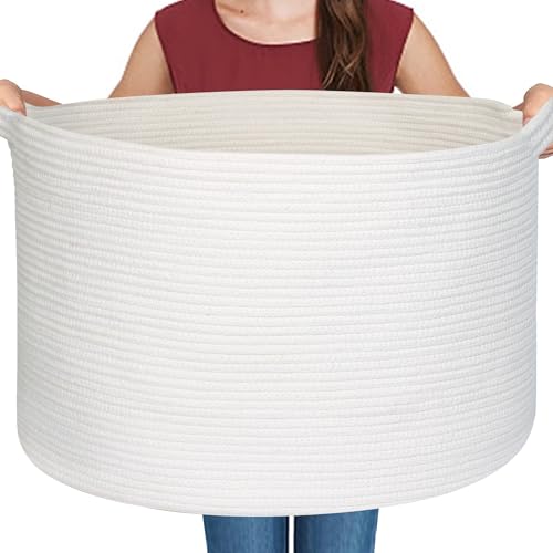 "MEGASKET White Cotton Rope Storage Basket, 22"" X 22"" X 14"" Extra Large Blanket Storage Living Room, XL Soft Toy Bin for Organizing, Woven Baby Laundry Basket with Handle, White Wicker Hamper Nursery"