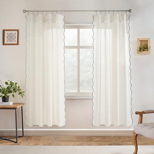 DriftAway Semi Sheer Scalloped Edge Linen Coastal Beach Window Curtains for Living Room Bedroom 2 Panels Rod Pocket Each Size 52 Inch by 72 Inch Gray
