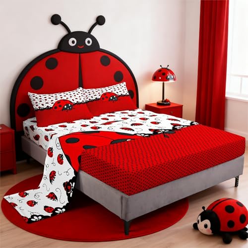 Cute Ladybugs Sheet Set Twin Size,Red Black Entomology Dots Bedding Set 3pcs for Kids Girls Women Room Decor,Cartoon Animals Deep Pocket Fitted Sheet Vivid Natural Top Flat Sheet,1 Pillowcase