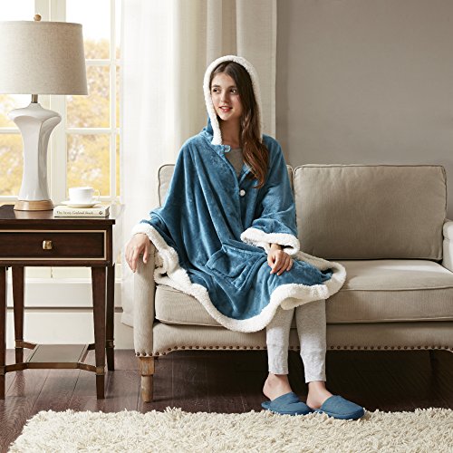 "Comfort Spaces Glimmersoft Plush To Sherpa Pocket Hooded Angel Wrap Ultra Soft Wearable Poncho Blanket Throw, 58""x72"", Teal"