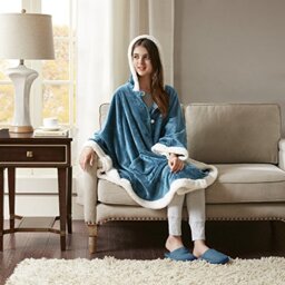 "Comfort Spaces Glimmersoft Plush To Sherpa Pocket Hooded Angel Wrap Ultra Soft Wearable Poncho Blanket Throw, 58""x72"", Teal"