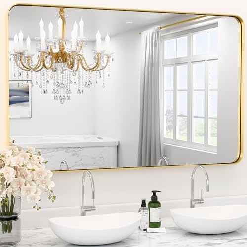 "YYXW 30""X36"" Large Gold Metal Framed Bathroom Mirror for Wall, Large Mirrors for Spacious Rooms,Gold Rounded Rectangle Mirror, Brushed Gold Bathroom Vanity Mirror Farmhouse, Anti-Rust, Tempered Glass"