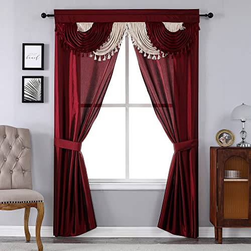 Regal Home Collections Amore Curtains 5-Piece Window Curtain Set - 54-Inch W x 84-Inch L Panels with Attached Valance and 2 Tiebacks - Bedroom Curtains and Living Room Curtains (Brick)