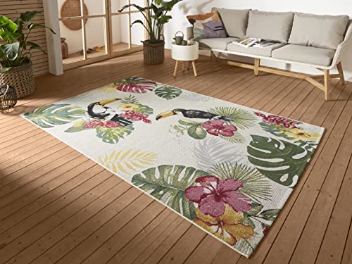 Hanse Home Tropical Dream Indoor & Outdoor Rug - Flat Weave Tropical Jungel Floral Palm Trees Design, Oeko-Tex Weatherproof & UV-Resistant for Balcony, Patio, Garden - Cream Multi-Colour, 80 x 165 cm