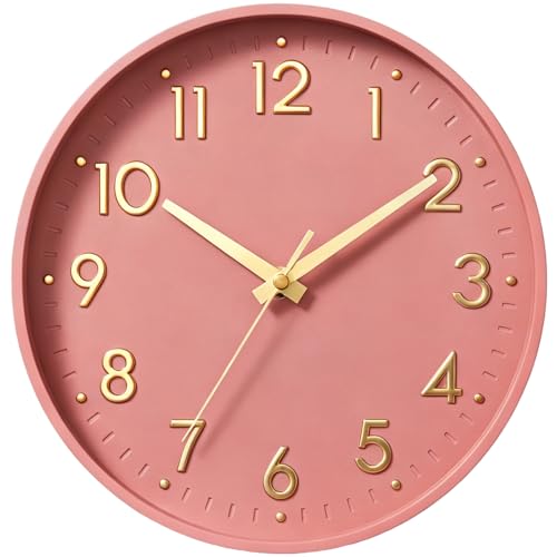 Mosewa Wall Clock 12 Inch, Battery Operated Silent Non-Ticking Modern Analog Clock Decorative for Kitchen, Bedroom, Office, Living Room(Pink Gold)