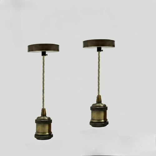 LEDSone 2 Pack Green Brass Pendant Light E27 Ceiling Light Kit with 95cm Adjustable Army Green Braided Cable Vintage Industrial Hanging Lamp for Kitchen Island Bedroom Dining Room